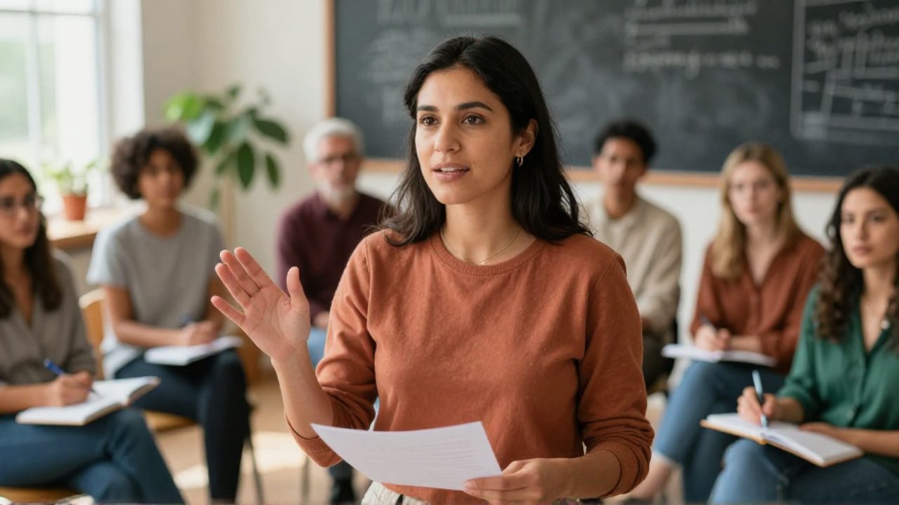 Una mujer latina de unos cuarenta años dirige un taller en un aula luminosa, con la mano levantada en gesto de explicación, mientras cinco adultos escuchan sentados y toman notas.