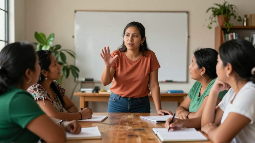 Activista feminista boliviana de pie frente a cuatro mujeres de distintas edades y orígenes que la escuchan con atención en un taller comunitario; una asiente, otra apoya la mano en un cuaderno abierto, y al fondo se ven una pizarra y plantas.