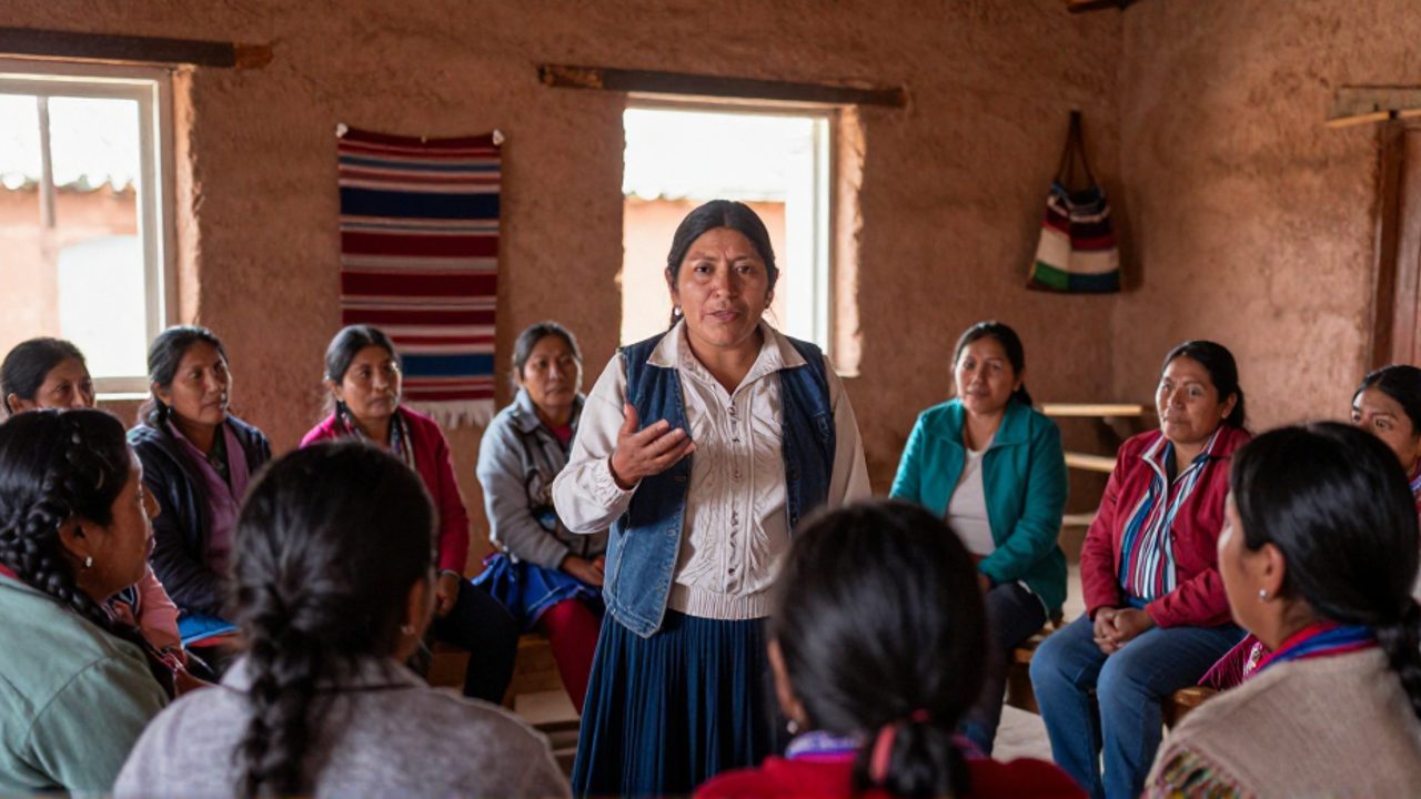 María Galindo, activista boliviana, habla con un gesto firme ante un grupo de mujeres indígenas que la escuchan atentamente en un taller comunitario de paredes de adobe.