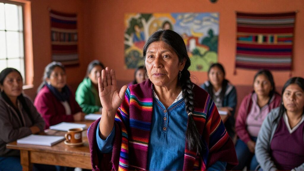 María Galindo, activista con trenza larga y chal andino, gesticula con la mano en alto mientras habla ante un grupo de mujeres en una sala comunitaria con textiles en la pared.