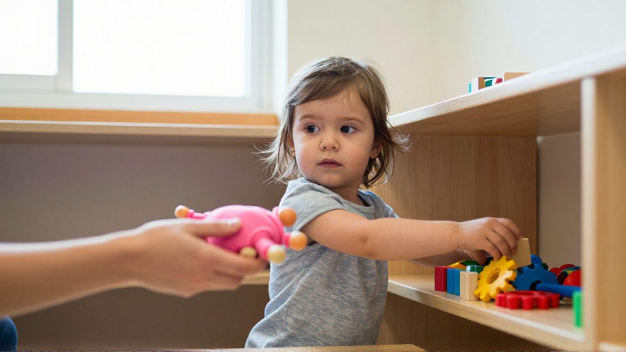 Niña en una sala de juegos infantil que se estira hacia unos bloques de madera mientras gira la cabeza para mirar la mano de un adulto que le ofrece una muñeca de ropa rosa.