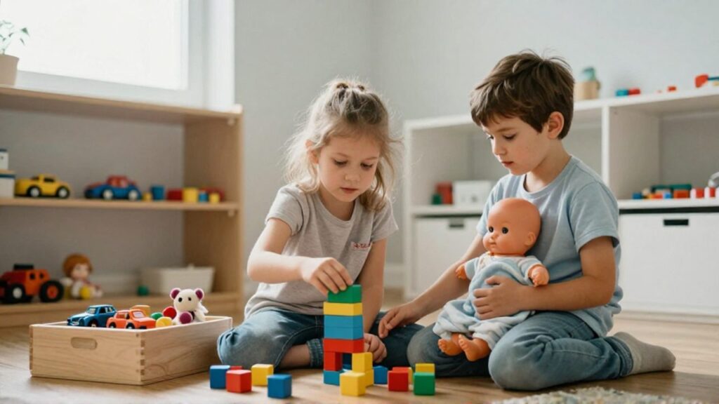 En una sala de juegos, una niña construye una torre con bloques de colores mientras un niño sostiene un muñeco bebé envuelto en una manta.