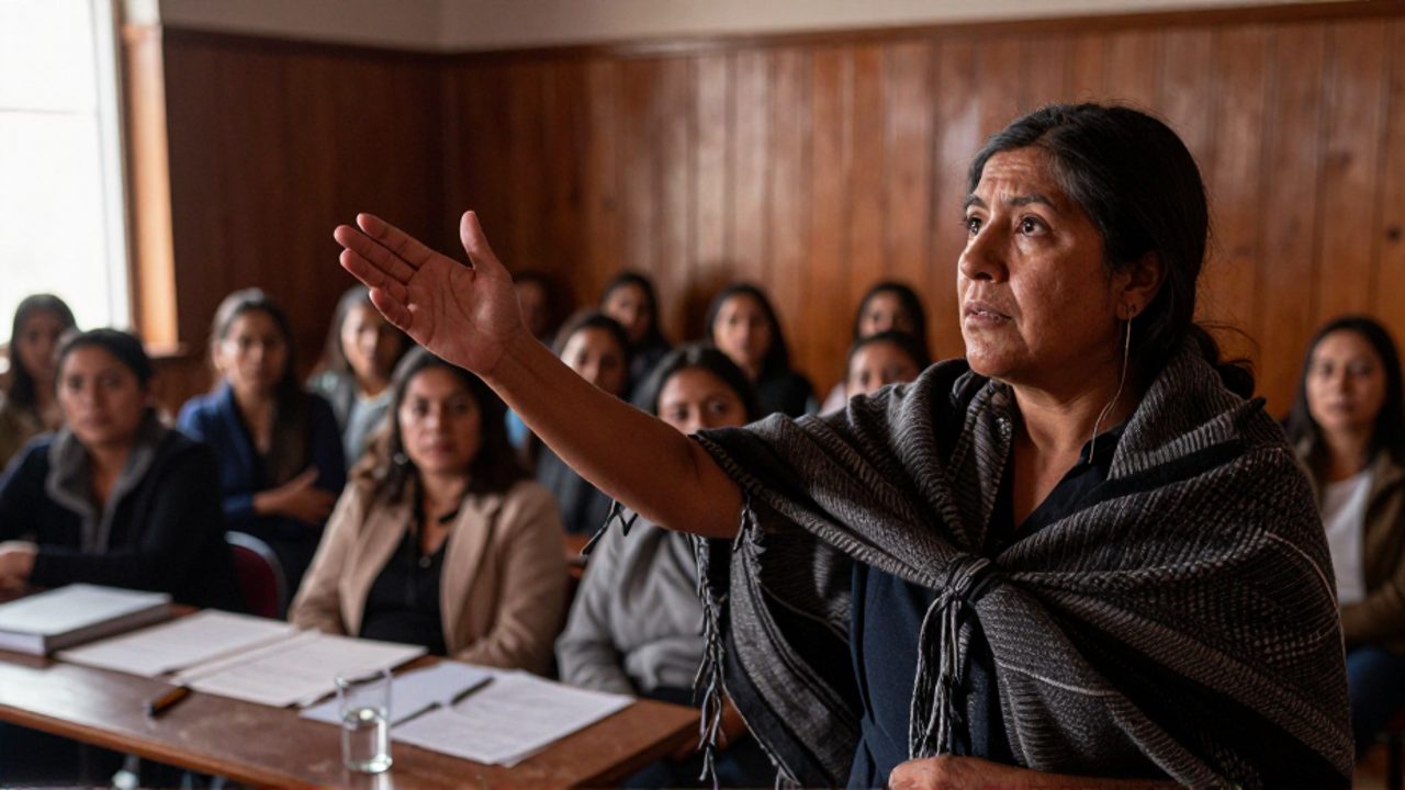 María Galindo, activista boliviana con chaleco de tejido andino, habla con el brazo extendido y gesto serio en una sala de reuniones de madera, ante un grupo de mujeres que la escuchan atentamente; sobre la mesa, junto al atril, hay papeles manuscritos y un vaso de agua.