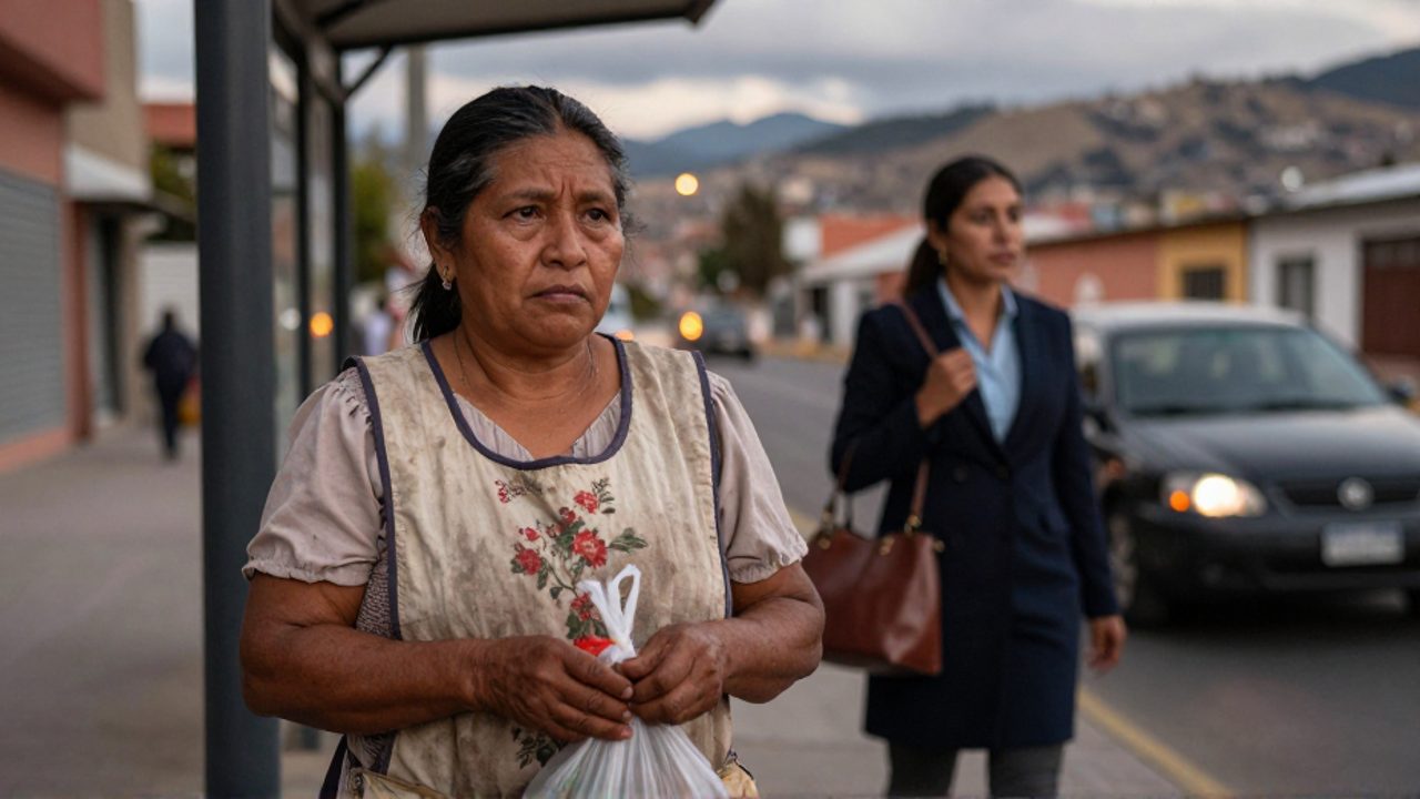 En un barrio popular de La Paz al anochecer, una trabajadora doméstica con delantal y bolsa de mercado espera el bus mientras una profesional joven con abrigo cruza hacia un auto; la escena contrasta dos experiencias de clase entre mujeres.