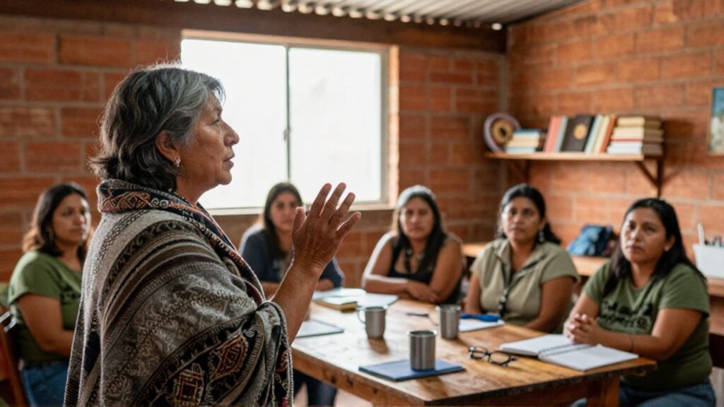 Una educadora feminista de unos 50 años, con cabello oscuro entrecano y chal tejido, alza una mano mientras habla a cinco mujeres trabajadoras sentadas alrededor de una mesa de madera, en un taller con paredes de ladrillo visto y estantes con libros.