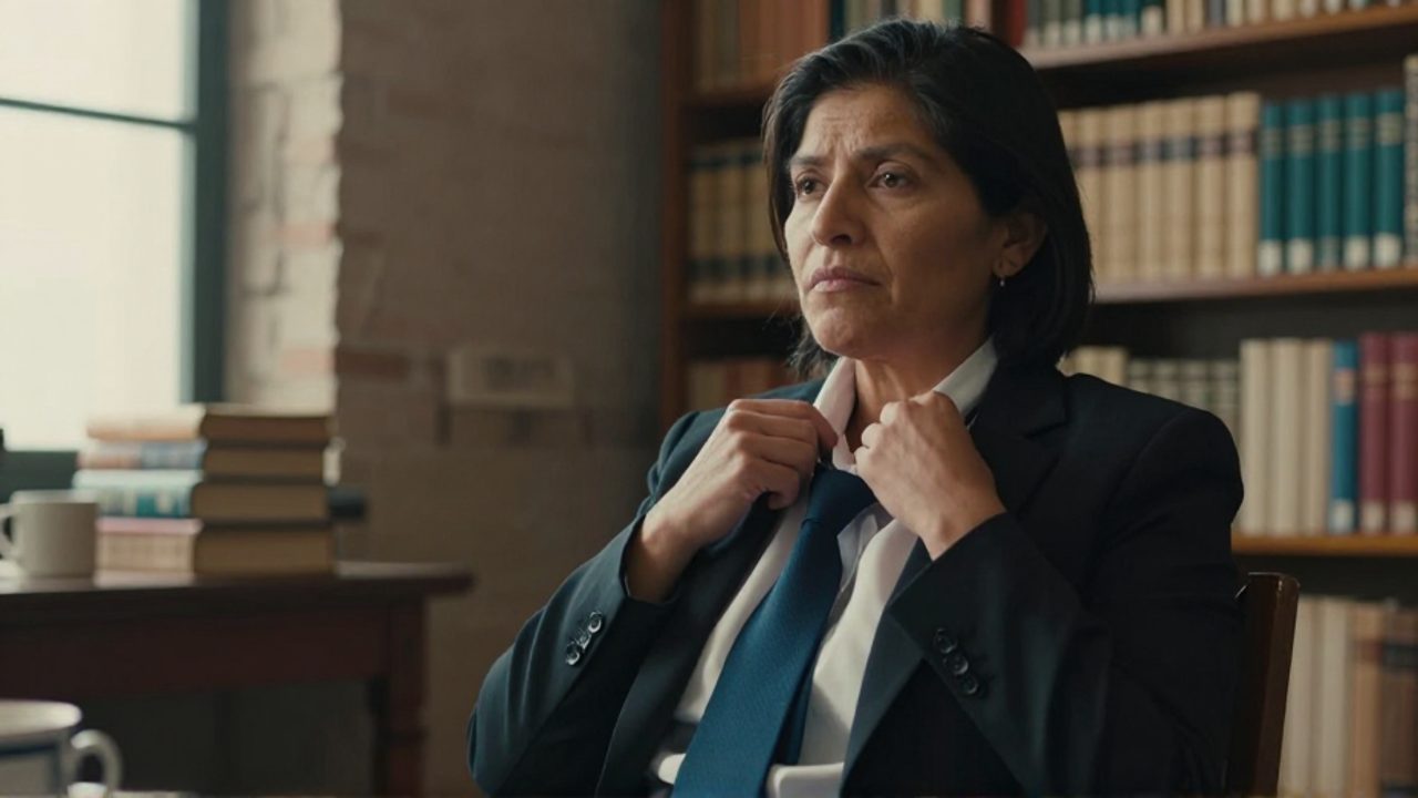 Una mujer joven de cabello corto y expresión reflexiva se afloja una corbata oscura ante un estante de libros antiguos, en un gesto que sugiere desprenderse de una norma impuesta.