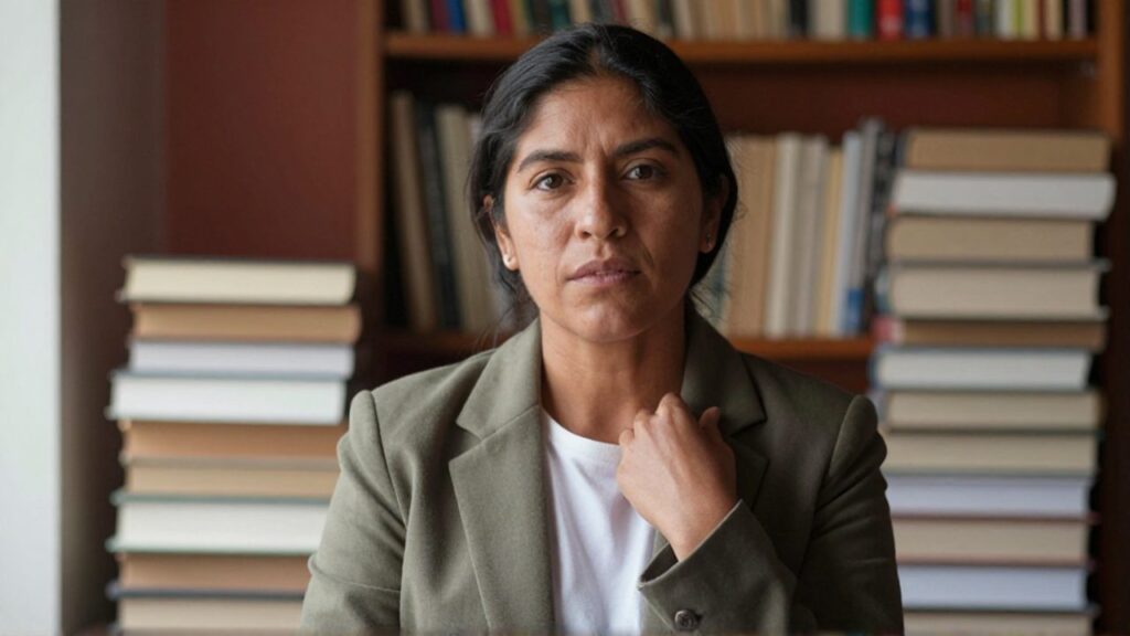 Una mujer boliviana de unos cuarenta años, con el pelo recogido, camisa blanca y chaqueta oliva, está en un estudio con libros de fondo, mirando a la cámara con expresión calmada y desafiante mientras se toca el cuello como si fuera a hablar.