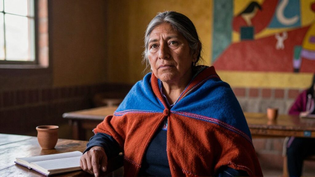 María Galindo, de cabello corto entrecano y mirada intensa, viste un chal andino en terracota e índigo mientras apoya una mano sobre una mesa de madera con un cuaderno abierto y una taza de barro, en una sala comunitaria con un mural de fondo apenas visible.