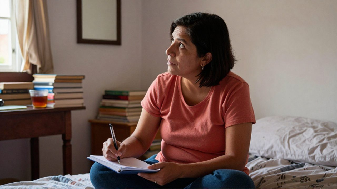 María Galindo, sentada en una cama sin hacer en un dormitorio modesto lleno de libros, se detiene al escribir y mira pensativa hacia un espejo de pared, en un gesto de reflexión sobre su propia identidad.