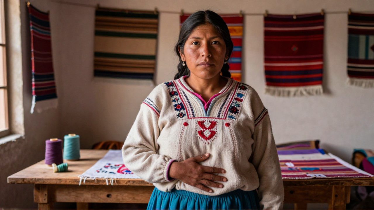 Una mujer boliviana de rasgos aymaras, con la mano sobre el abdomen y el mentón erguido, sostiene una mirada firme y serena hacia la cámara dentro de un taller textil comunitario en La Paz, rodeada de telas sueltas y retazos de colores cálidos.