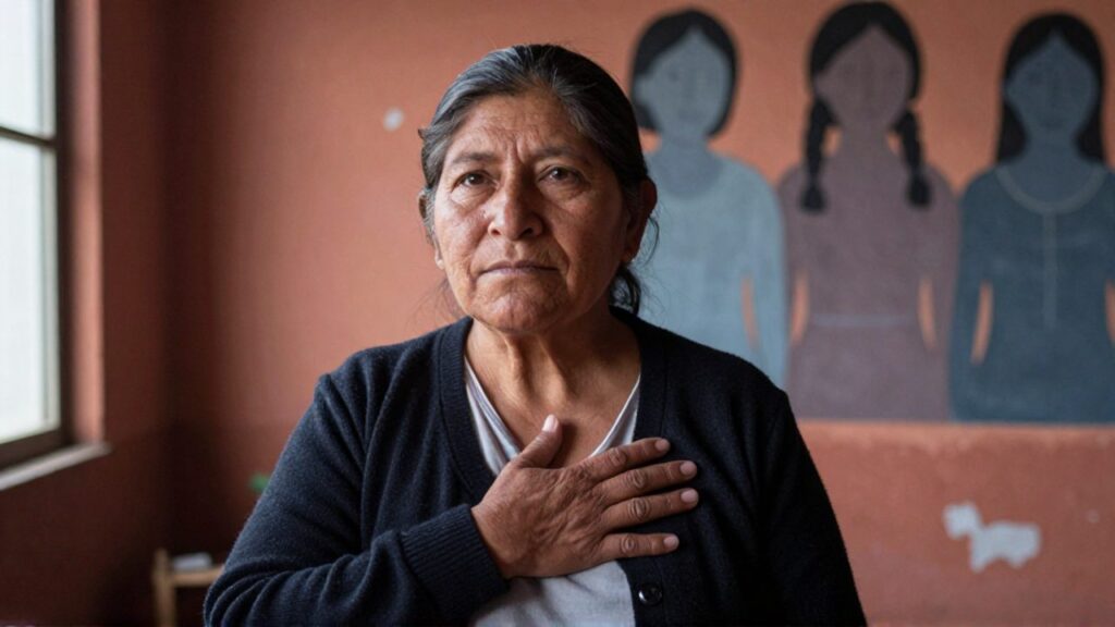 Activista feminista boliviana de mediana edad, con el pelo recogido y la mano sobre el pecho en un gesto sereno y firme, frente a un mural de siluetas femeninas en un centro comunitario.