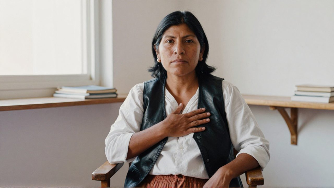 Mujer boliviana de unos cuarenta años, de pelo negro corto y rostro sereno, sentada erguida en una silla de madera en una habitación austera y luminosa; viste camisa blanca y chaleco oscuro de cuero, con una mano sobre el pecho y la mirada directa a la cámara.
