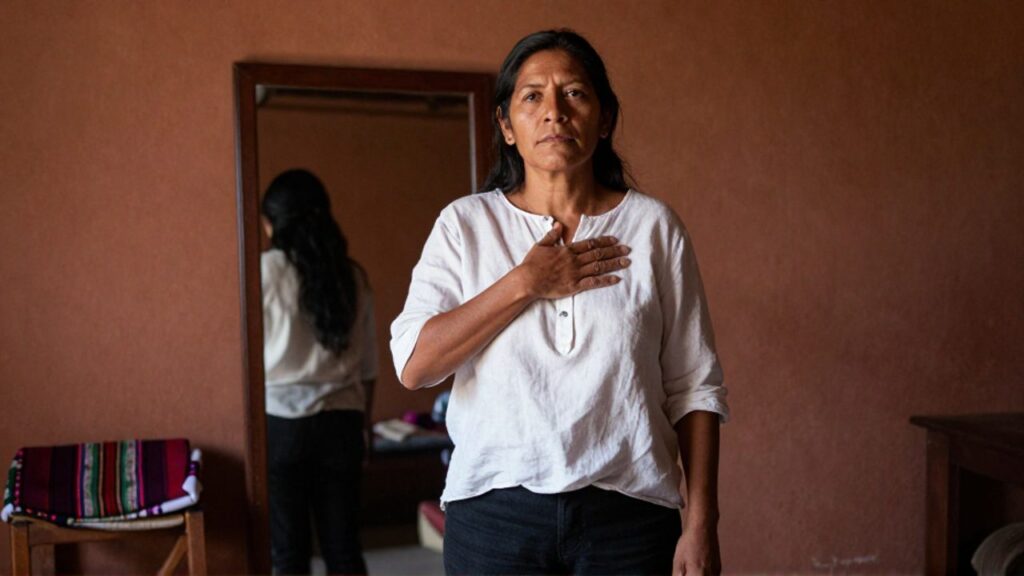 Mujer en un taller soleado, de pie con la mano sobre el pecho y la mirada al frente, mientras un gran espejo refleja parte de su figura y un tejido andino descansa en una silla.