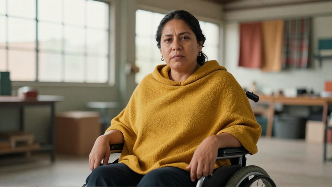 Mujer latina en silla de ruedas manual, con poncho amarillo y expresión serena y firme, mira a la cámara en un taller comunitario con textiles al fondo.