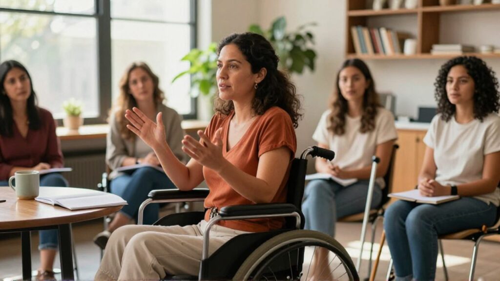 Una mujer latina de unos cuarenta años en silla de ruedas dirige un taller comunitario de mujeres, gesticulando con expresión cálida y decidida frente a un pequeño grupo de asistentes, una de ellas con bastón de madera, en un centro cultural luminoso lleno de plantas y estanterías.