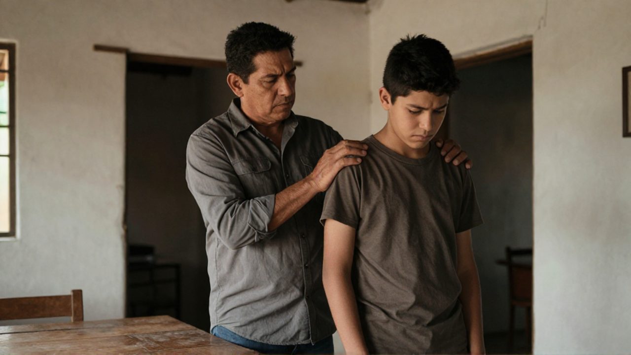 Un padre de unos cincuenta años, de camisa abotonada, presiona la mano sobre el hombro de su hijo adolescente, que baja la mirada con actitud tensa, en el interior de una modesta casa de paredes blancas y muebles de madera.