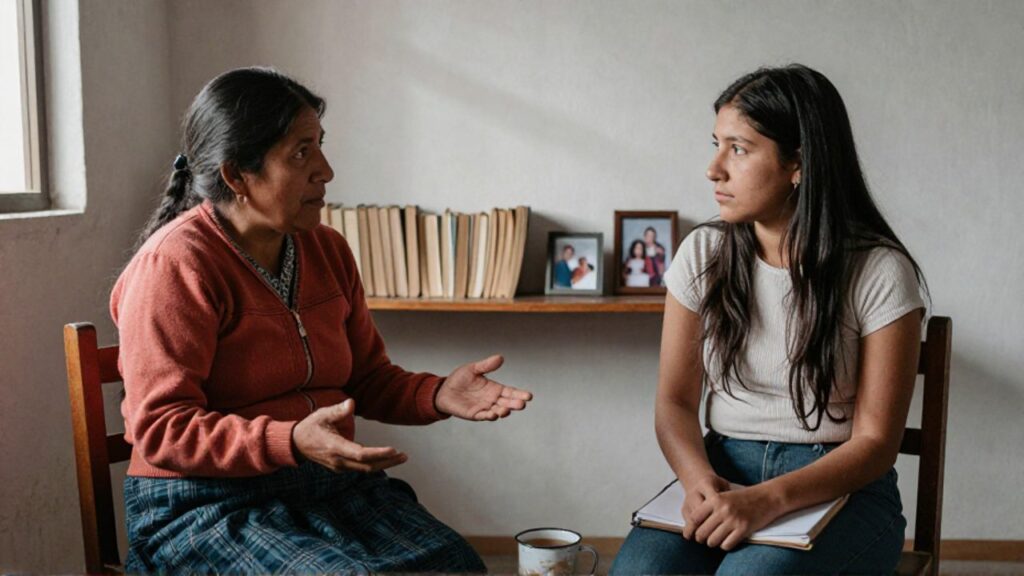 Dos mujeres de distintas generaciones conversan sentadas frente a frente en una habitación sencilla con ventana lateral: la mayor habla con las palmas abiertas, mientras la joven, con un cuaderno en las manos, la escucha con atención contenida.