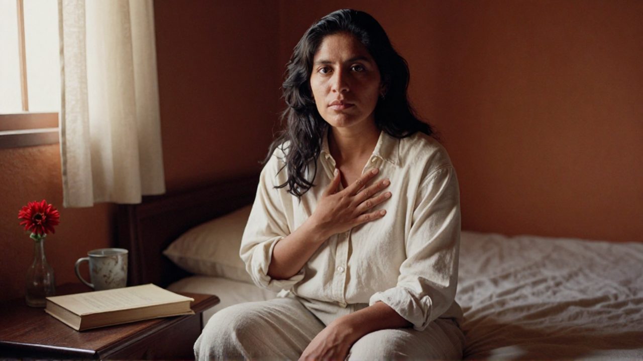 Una mujer boliviana de unos treinta y cinco años está sentada en el borde de una cama deshecha, en una habitación sencilla y soleada; apoya una mano sobre el pecho, mira con calma al frente, y en la mesita de noche se ven un libro, una taza y una flor roja.
