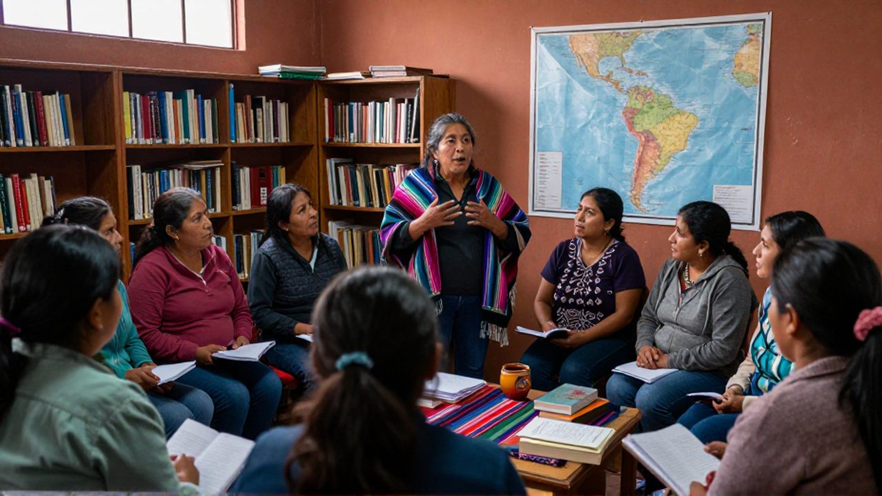 Una mujer boliviana de unos cincuenta años, con el pelo entrecano y un chal andino, habla de pie ante un grupo de mujeres sentadas en semicírculo con cuadernos en una biblioteca comunitaria de La Paz; al fondo, un mapa de Sudamérica cuelga sobre las estanterías de madera.