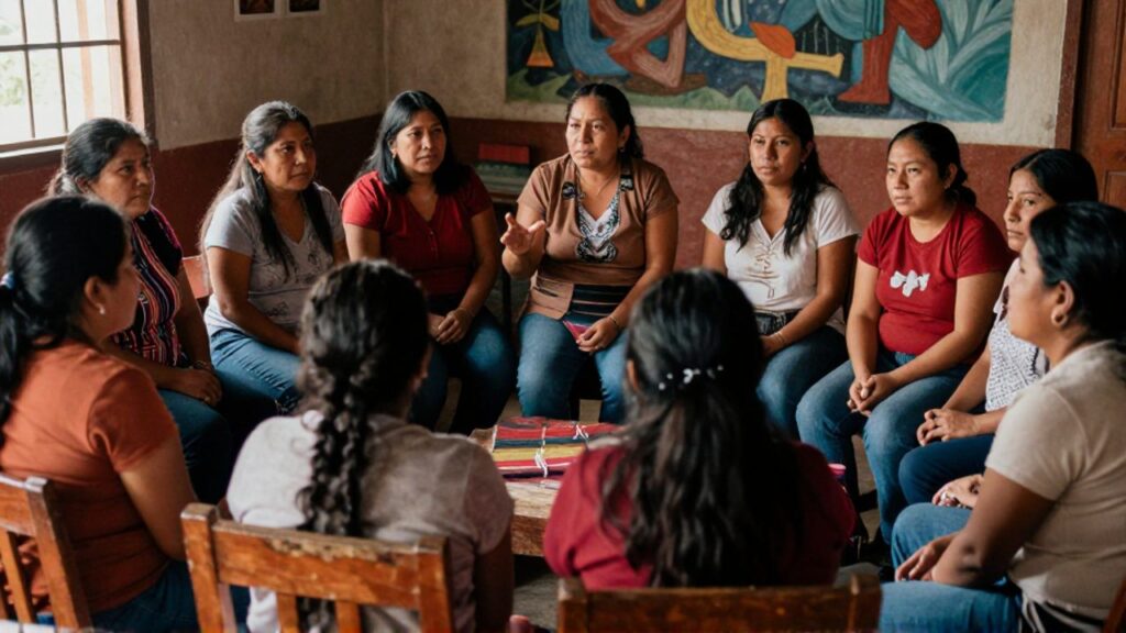 Un grupo de mujeres latinoamericanas, entre ellas activistas indígenas y mestizas de distintas edades, se sienta en círculo en un centro comunitario; una de ellas habla con un gesto abierto mientras las demás escuchan con atención, rodeadas de coloridos textiles andinos.