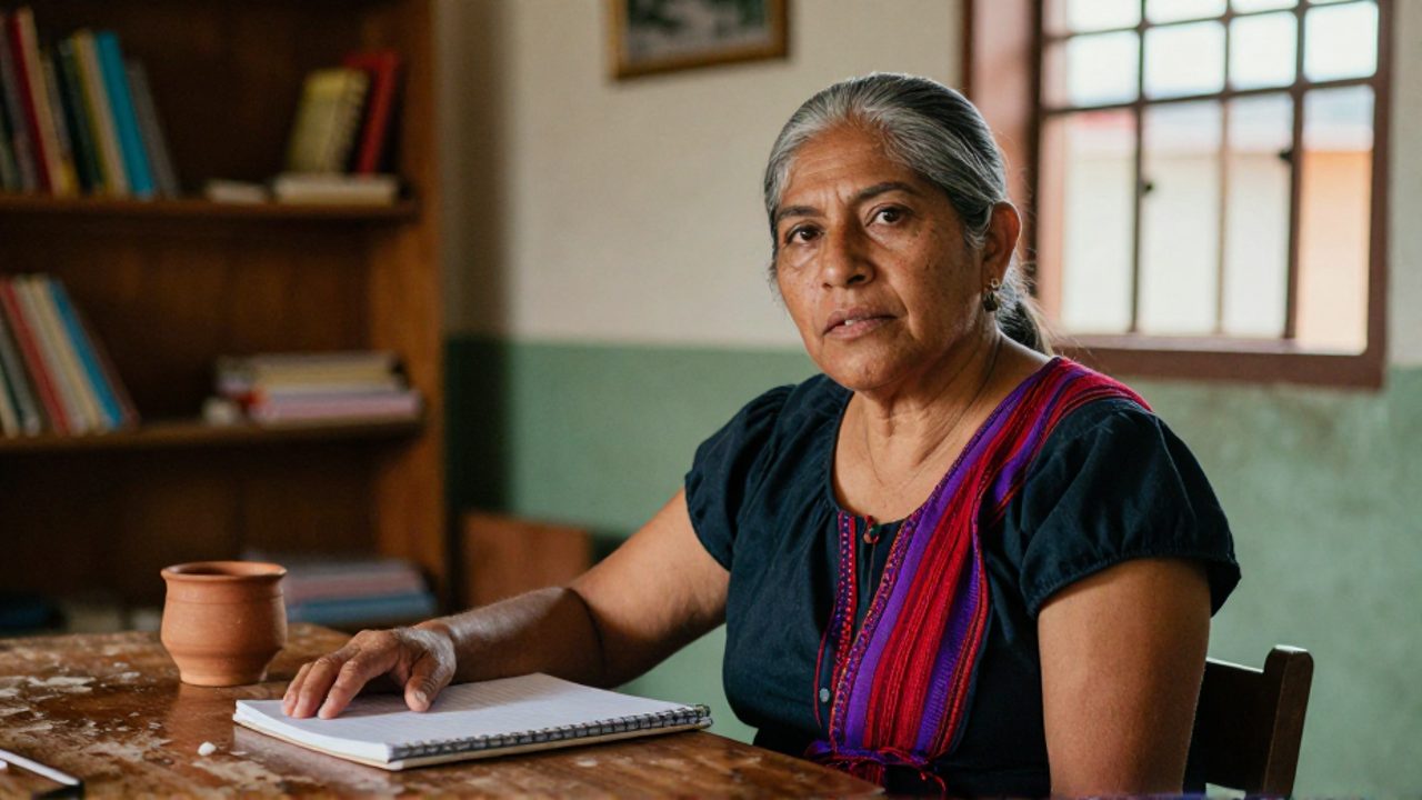 Activista feminista guatemalteca de mediana edad habla en un centro comunitario con una mano sobre cuadernos en una mesa de madera; viste una blusa oscura con un textil rojo y púrpura al hombro, y al fondo se ven estanterías iluminadas por luz natural.