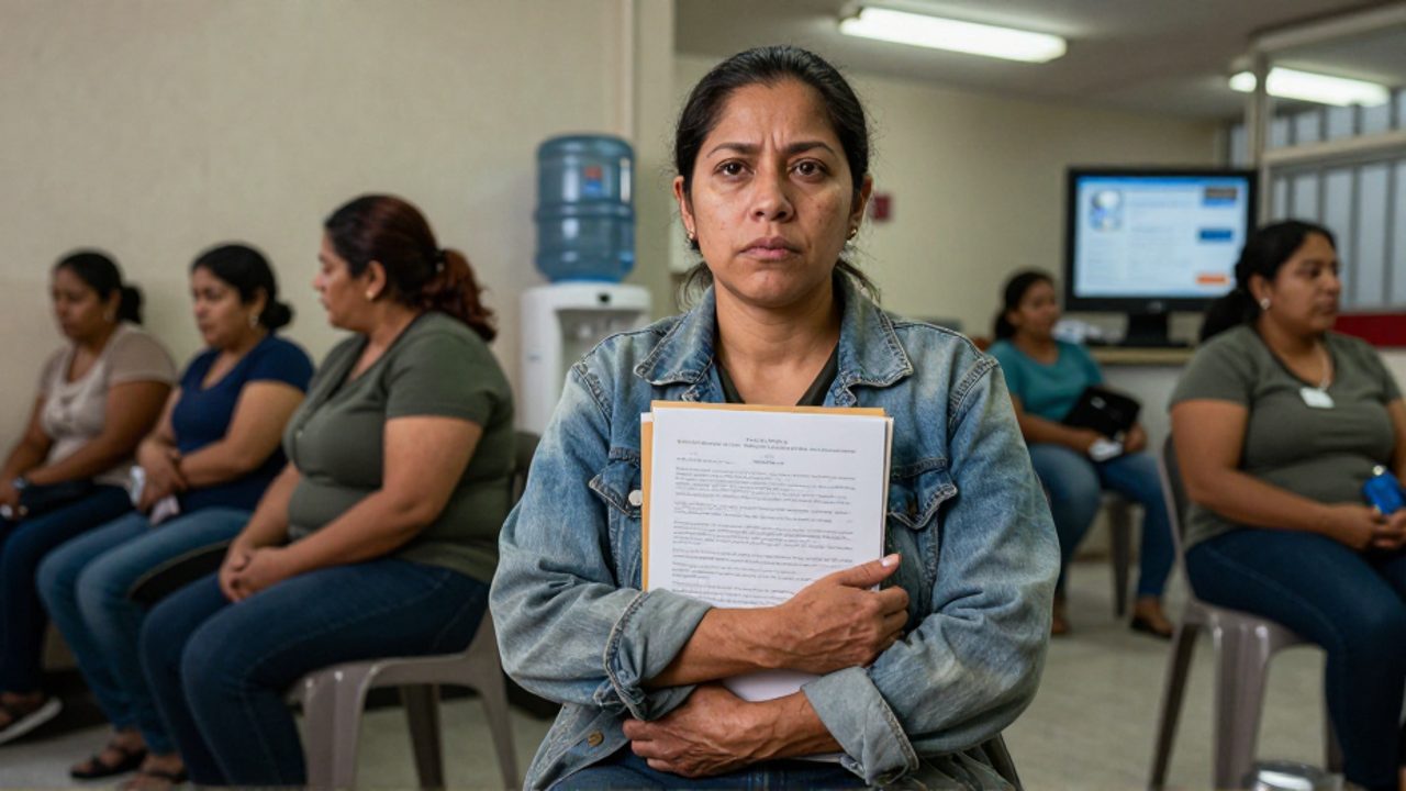 Una mujer con ropa modesta y gesto cansado espera en una sala de asistencia legal, sosteniendo una carpeta de documentos contra el pecho, mientras otras mujeres también aguardan sentadas al fondo.
