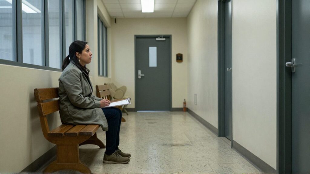 Una mujer con abrigo gastado espera sentada en un banco de un pasillo judicial, sujeta una carpeta de papeles y mira con aprensión hacia la puerta del fondo.
