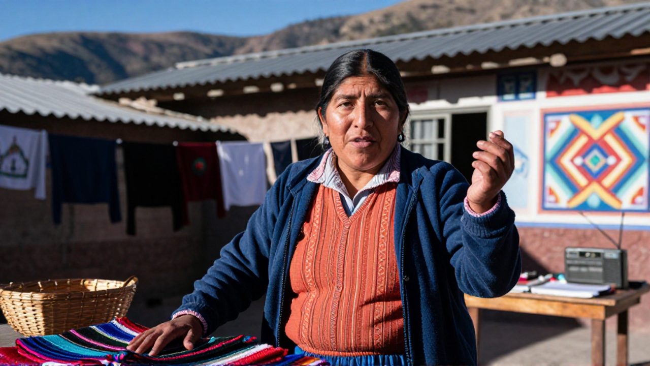 Una mujer boliviana de mediana edad conversa con gesto firme en un patio urbano de La Paz, con la mano apoyada en textiles artesanales mientras la rodean tendederos, techos de chapa y un mural andino.