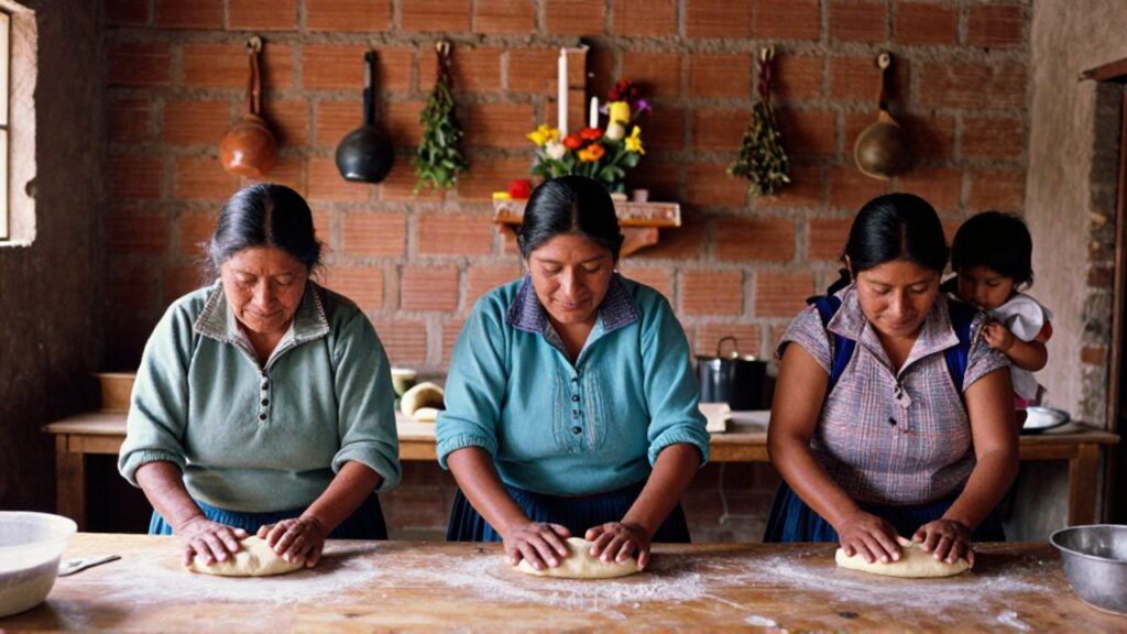 Tres mujeres bolivianas de distintas generaciones, una de ellas con un bebé a la espalda, amasan pan en una cocina comunitaria de La Paz, con un altar de velas y flores al fondo.