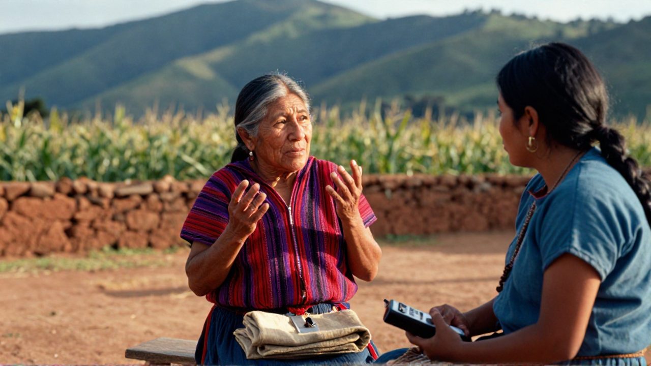 Una mujer mayor maya, con las manos levantadas mientras habla, narra sus historias a una joven que escucha atenta y sujeta una grabadora en un patio rural guatemalteco, con maizales y montañas al fondo.