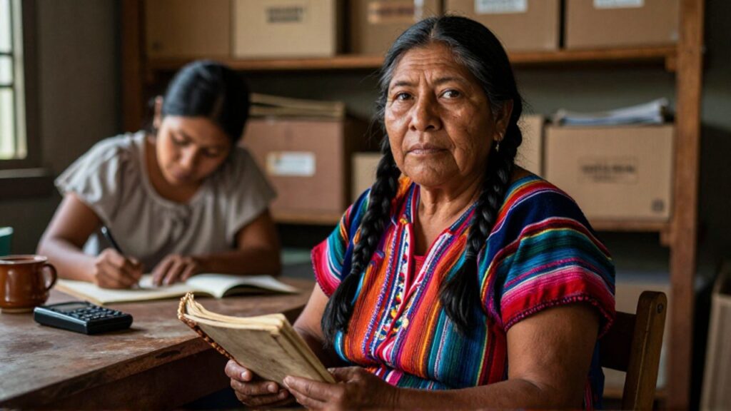 Una mujer indígena guatemalteca con trenzas negras y huipil multicolor sostiene un cuaderno antiguo en un archivo comunitario, mientras mira a la cámara con serenidad; tras ella, estantes con documentos y otra mujer escribiendo.