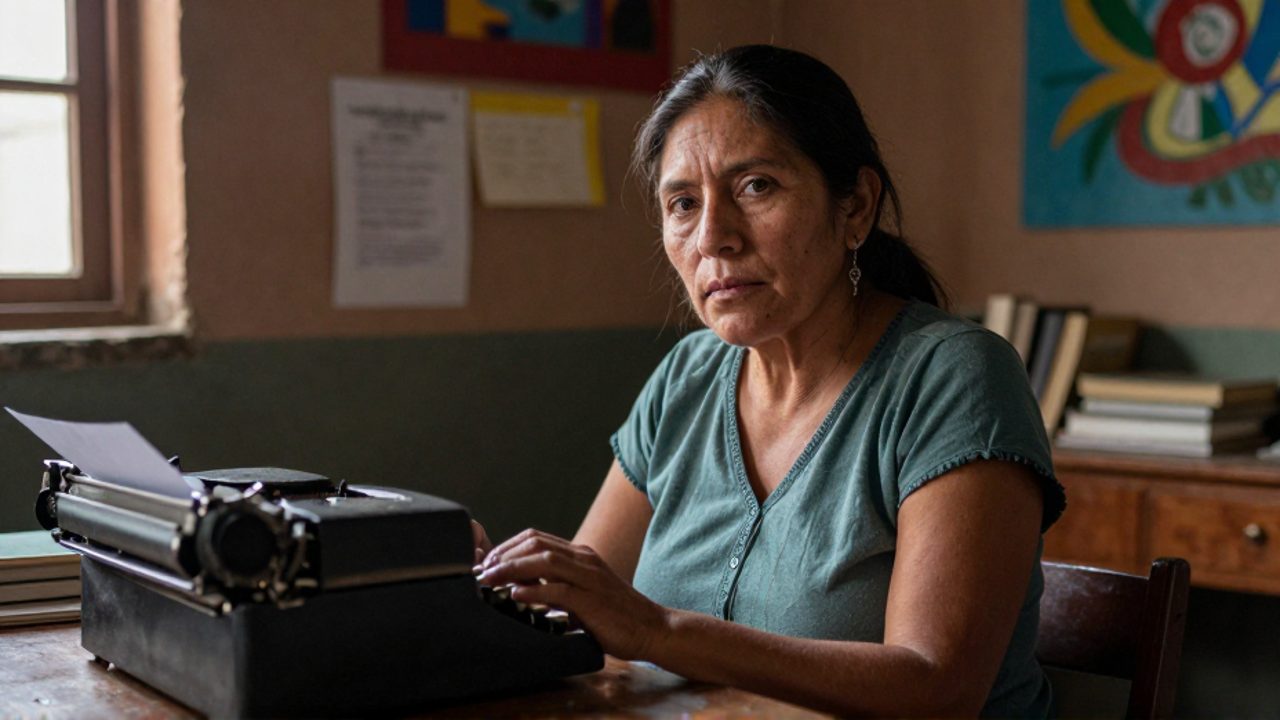 María Galindo, ante una vieja máquina de escribir en un taller comunitario, se detiene y mira a la cámara con gesto reflexivo y crítico.