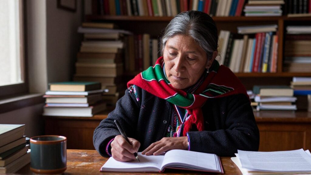 María Galindo, con una bufanda andina de tonos rojos y verdes, se detiene con el bolígrafo en alto sobre un cuaderno abierto, rodeada de libros y papeles en su estudio de La Paz.