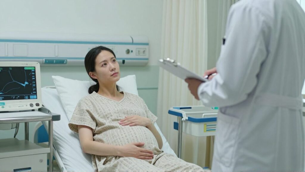 Una mujer embarazada, sentada al borde de la cama de un hospital, sostiene sus manos sobre el vientre y mira con serenidad a un médico que permanece distante, junto a un carrito, sujetando una carpeta sin tocarla.