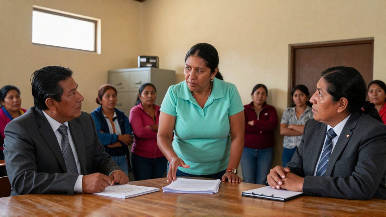 Una activista indígena boliviana gesticula ante dos funcionarios públicos sentados frente a ella, con documentos sobre la mesa, mientras varias mujeres observan de pie en una sala comunitaria.