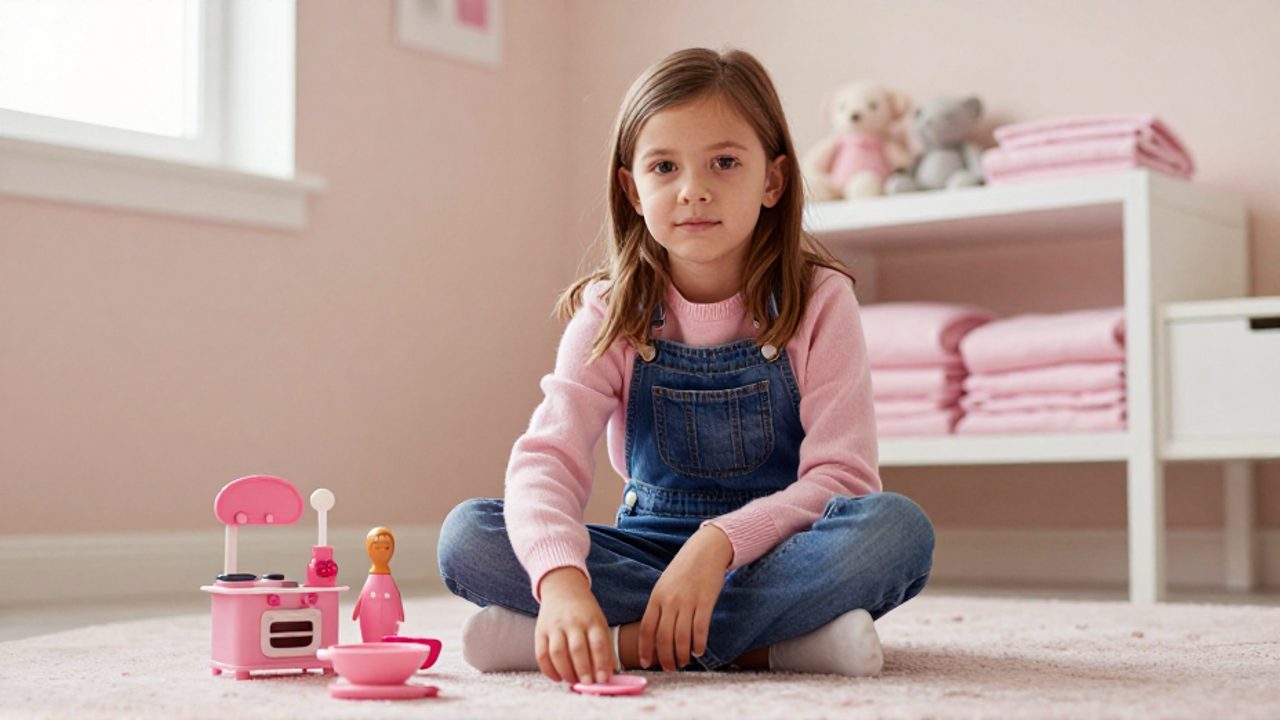 Niña de seis años sentada en una alfombra rosa de su habitación, rodeada de muñecas y utensilios de cocina de juguete, viste un jersey rosa y mira a cámara con expresión pensativa.