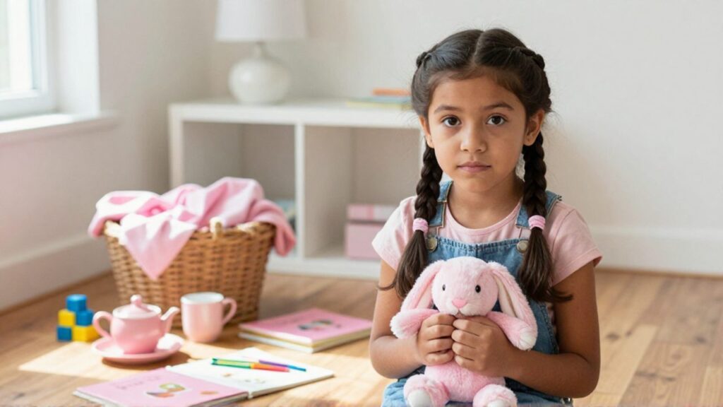 Niña latina con trenzas oscuras, camisa rosa y overol de mezclilla, sentada en el suelo de madera, sostiene un conejo de peluche rosa y mira a la cámara con expresión inquisitiva; la rodean objetos rosas como un set de té, libros y ropa, con algunos bloques azules y amarillos de contraste.
