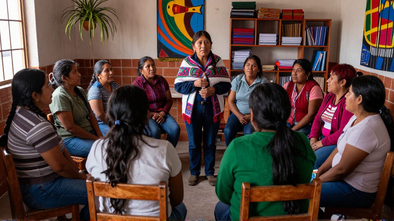 Un grupo de mujeres latinoamericanas se reúne en círculo en una sala comunitaria; una mujer de trenzas y chal andino habla de pie con gesto sereno mientras las demás escuchan atentamente y una levanta la mano para participar.