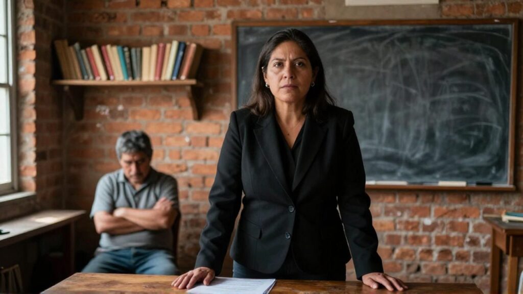 María Galindo, activista boliviana, habla con gesto serio ante una sala comunitaria, con una mano sobre papeles en una mesa, mientras un hombre detrás de ella permanece sentado con los brazos cruzados y la cabeza baja, reflejando una tensa confrontación de poder.