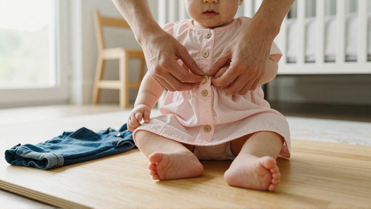 Unas manos adultas abotonan un vestido rosa a un bebé, con unos petos azules doblados cerca, en una luminosa habitación infantil.