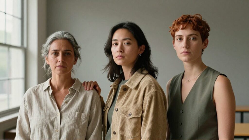 Tres adultos con distintas expresiones de género —una mujer, un hombre de estilo femenino y una persona andrógina— posan juntos con mirada serena y reflexiva; la figura del centro apoya la mano en el hombro de otra, en un luminoso centro comunitario.