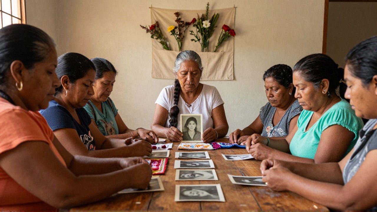 Mujeres latinoamericanas de distintas edades colocan con cuidado retratos y piezas bordadas sobre una mesa de madera en un centro comunitario, mientras una mujer mayor de trenza entrecana sostiene una fotografía antigua, en un ambiente de telas y flores secas que evoca la memoria colectiva.