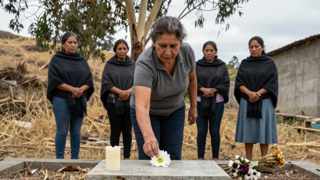 En un patio conmemorativo rural, una mujer de unos cincuenta años deposita una flor blanca sobre una piedra baja, mientras cuatro mujeres con chales oscuros la acompañan de pie con gesto de duelo y firmeza.
