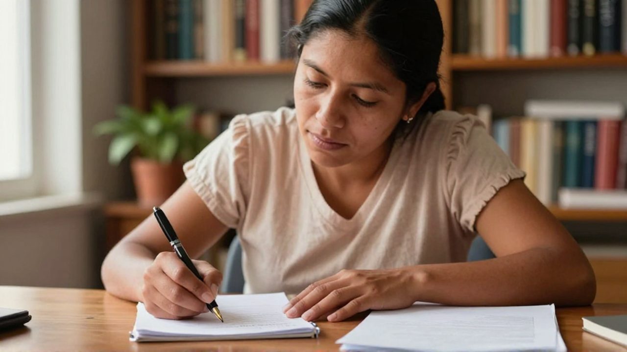 La intelectual boliviana María Galindo, de unos cuarenta años y cabello oscuro recogido, revisa un ensayo a mano sentada en su escritorio de madera, con estanterías y luz natural al fondo.
