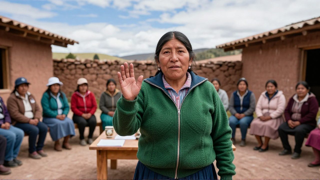 Una líder indígena boliviana, de pie con la mano levantada, se dirige con firmeza a un grupo de mujeres sentadas que la escuchan en un patio rural de adobe, con cerros al fondo.