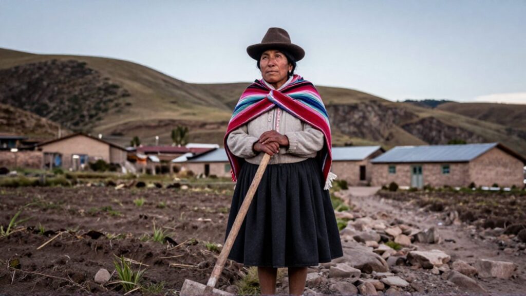 Una mujer indígena boliviana permanece erguida al borde de un campo de papas, con las manos sobre una herramienta de madera y la mirada fija en los cerros lejanos; viste pollera, aguayo a rayas y sombrero, en un paisaje rural andino de laderas sembradas, casas de adobe y cielo abierto que refuerza su actitud serena y firme.