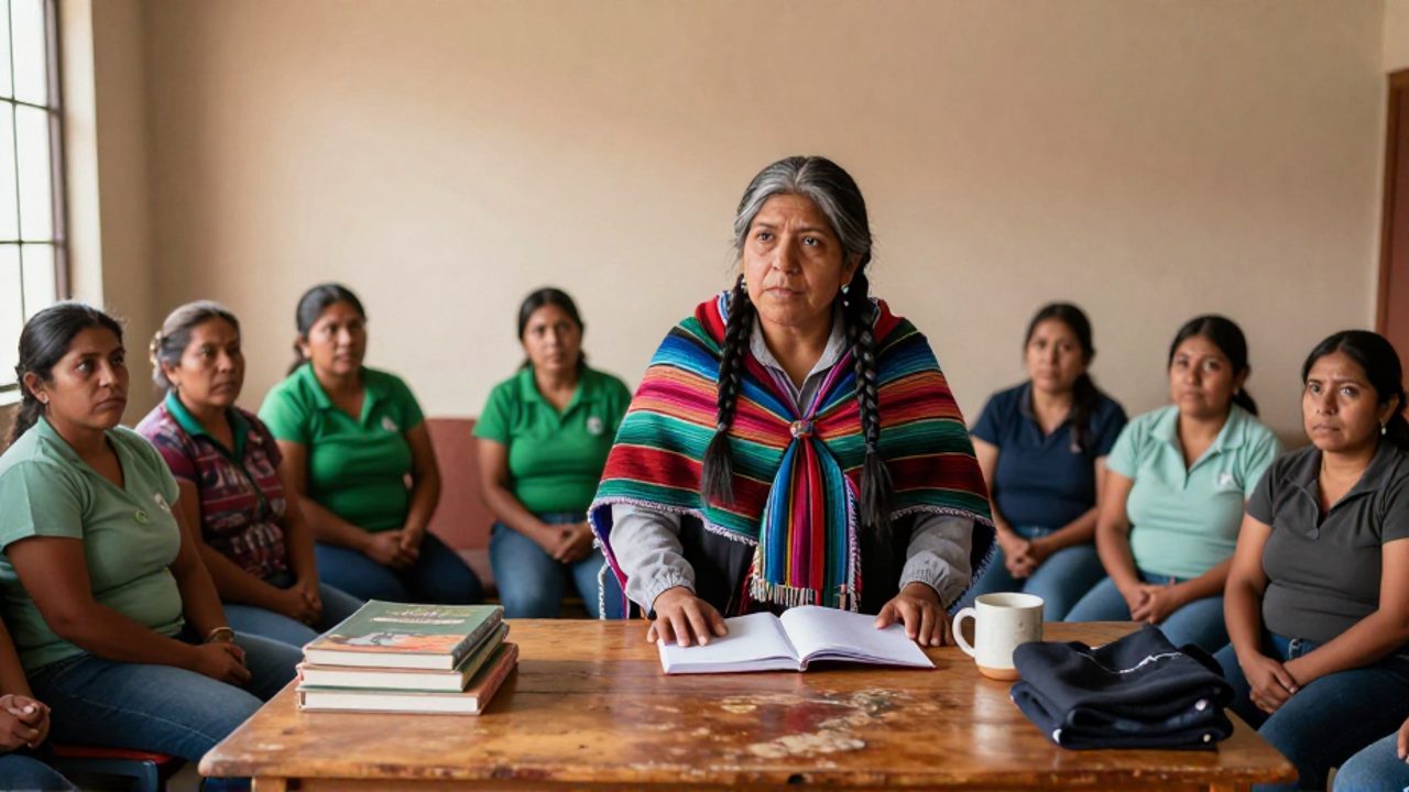 Una organizadora feminista andina de mediana edad, con trenzas grises y chaleco tejido, habla ante un grupo de trabajadoras de fábrica que la escuchan atentas en una sala de reuniones sindical, con un cuaderno abierto y libros sobre la mesa.
