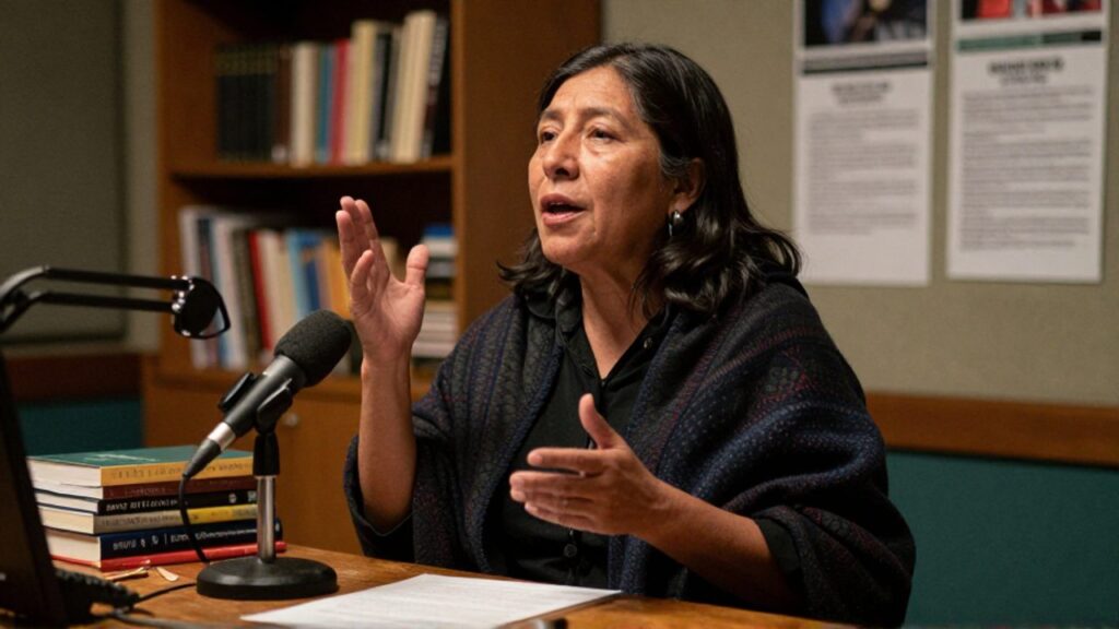 La activista boliviana María Galindo, de chal tejido oscuro, habla con una mano en alto ante un micrófono y una pila de libros en un estudio de radio comunitaria.
