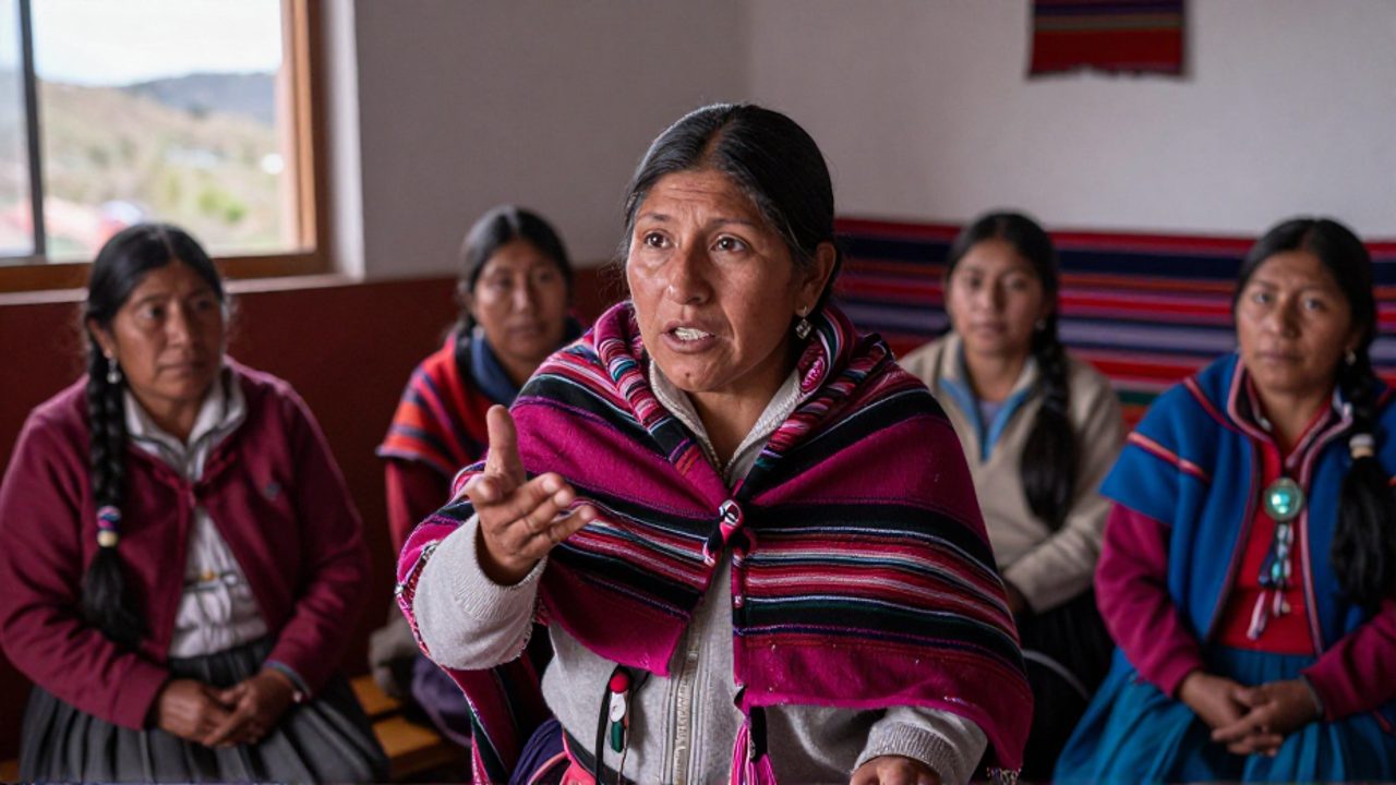 Una organizadora indígena boliviana de mediana edad, con un aguayo de rayas magenta y negro, alza la mano mientras interpela a un grupo de mujeres en un taller comunitario en El Alto, donde una anciana quechua, una estudiante mestiza y una artesana aimara la escuchan entre textiles andinos.