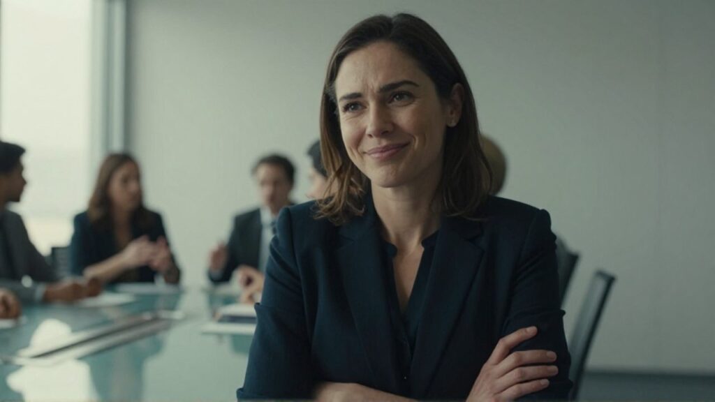 Mujer sentada en una sala de reuniones con los brazos cruzados y una sonrisa tensa que no llega a sus ojos, mientras al fondo unos colegas conversan desenfocados.